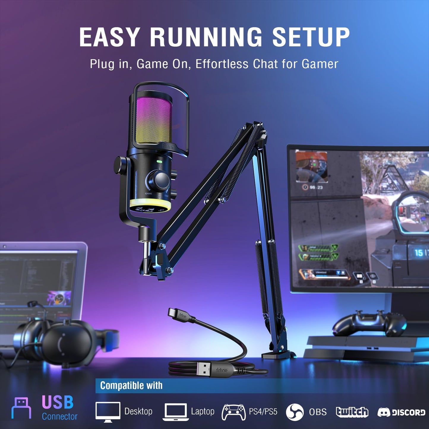 FIFINE USB Streaming Microphone Kit for Gaming, Condenser Mic with RGB, Noise Cancellation, Game/Chat Dial-Plug & Play for PC Twitch/YouTube/Podcast