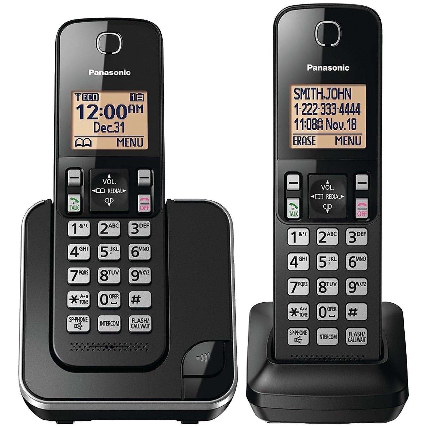 Panasonic Cordless Phone 2 Handsets System Expandable with Amber Backlit Display - KX-TGC352B (Black)