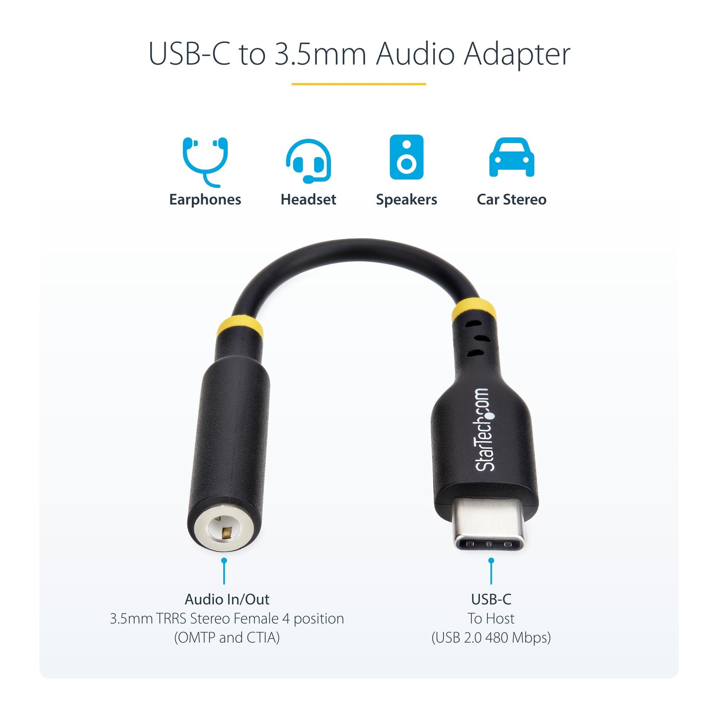 StarTech.com 5in (12.7cm) USB-C to 3.5mm TRRS Headphone/Headset Jack Audio Adapter, 32-bit DAC, USB C Aux Dongle for PC/Phone