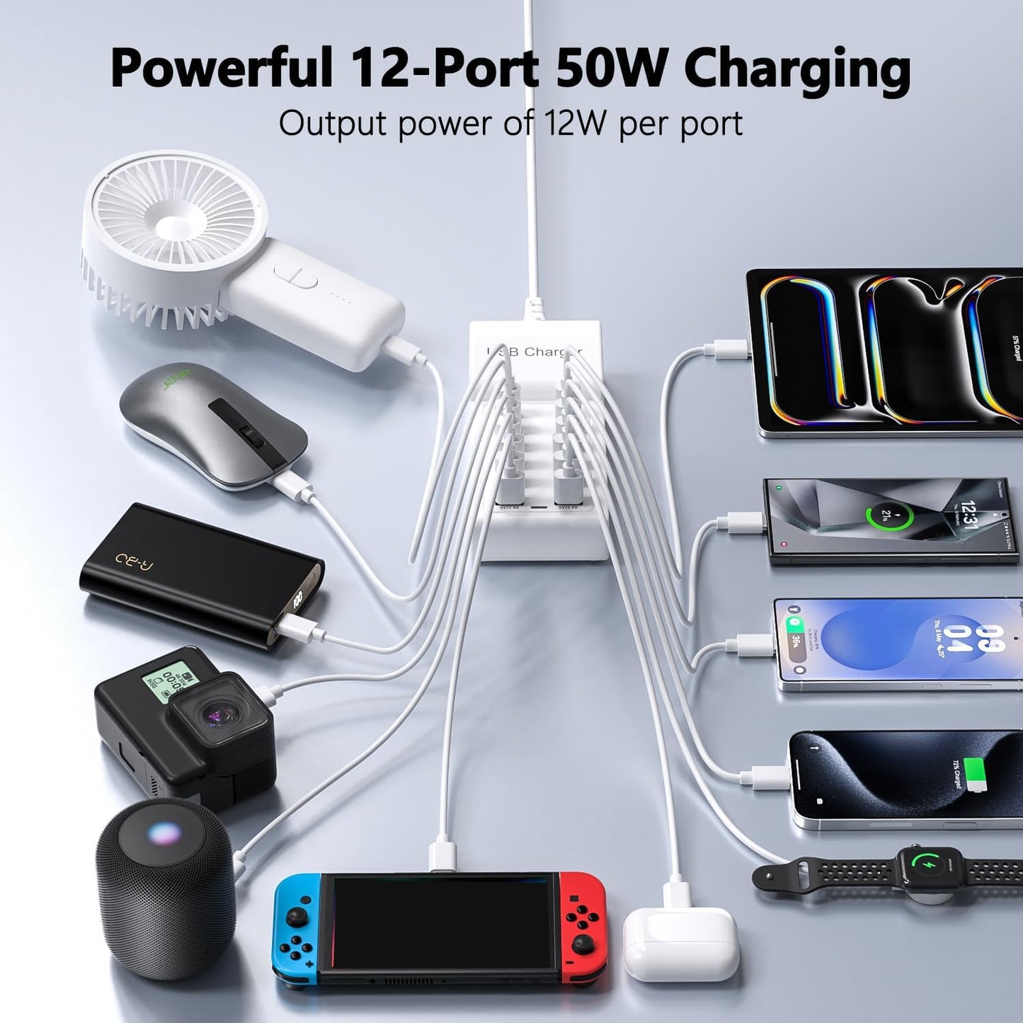 Multi USB Charging Station 50w10A 12 Ports Charging Blocks, Multi USB Charger for Multiple Devices USB Power Strip Compatible with iPhone17 16 15 14