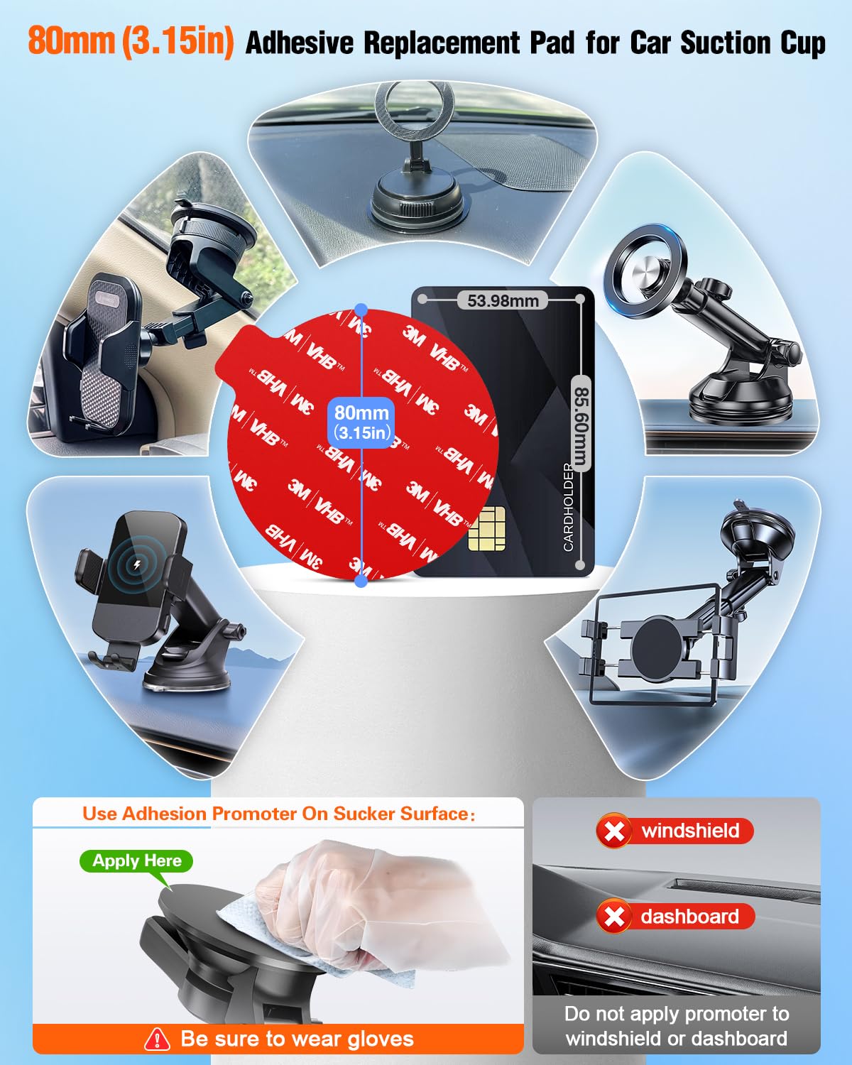 Sticky Adhesive Pad for Suction Cup: 6Pcs 3.15" Heat Resistant Double Sided Tape Replacement for Dashboard Car Mount, 80mm Round Sticker for Dash