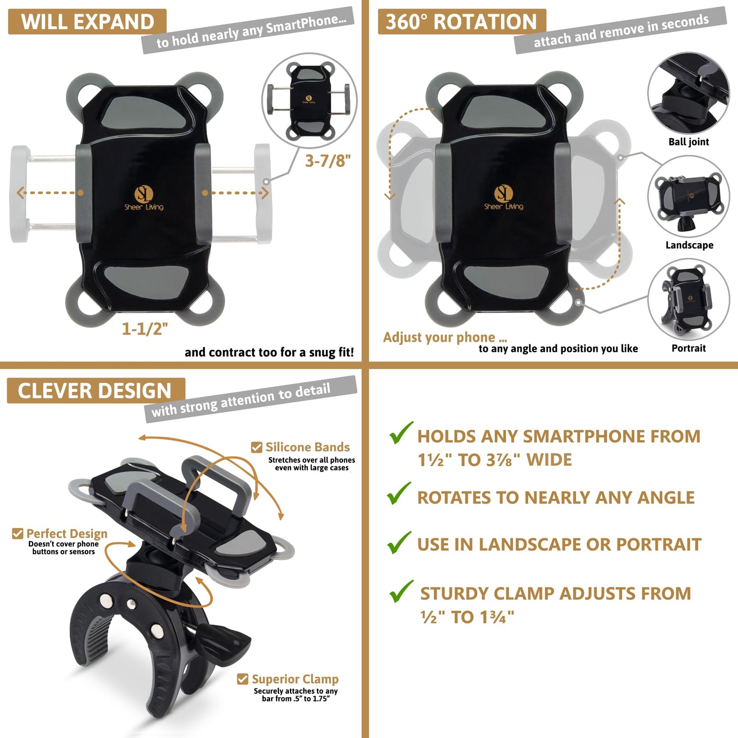 Baby Stroller Phone Holder, Shopping Cart, Golf Cart, Push Cart, Bike Phone Mount, for Motorcycle, Scooter, ATV, Boat, Spin Bike, Treadmill