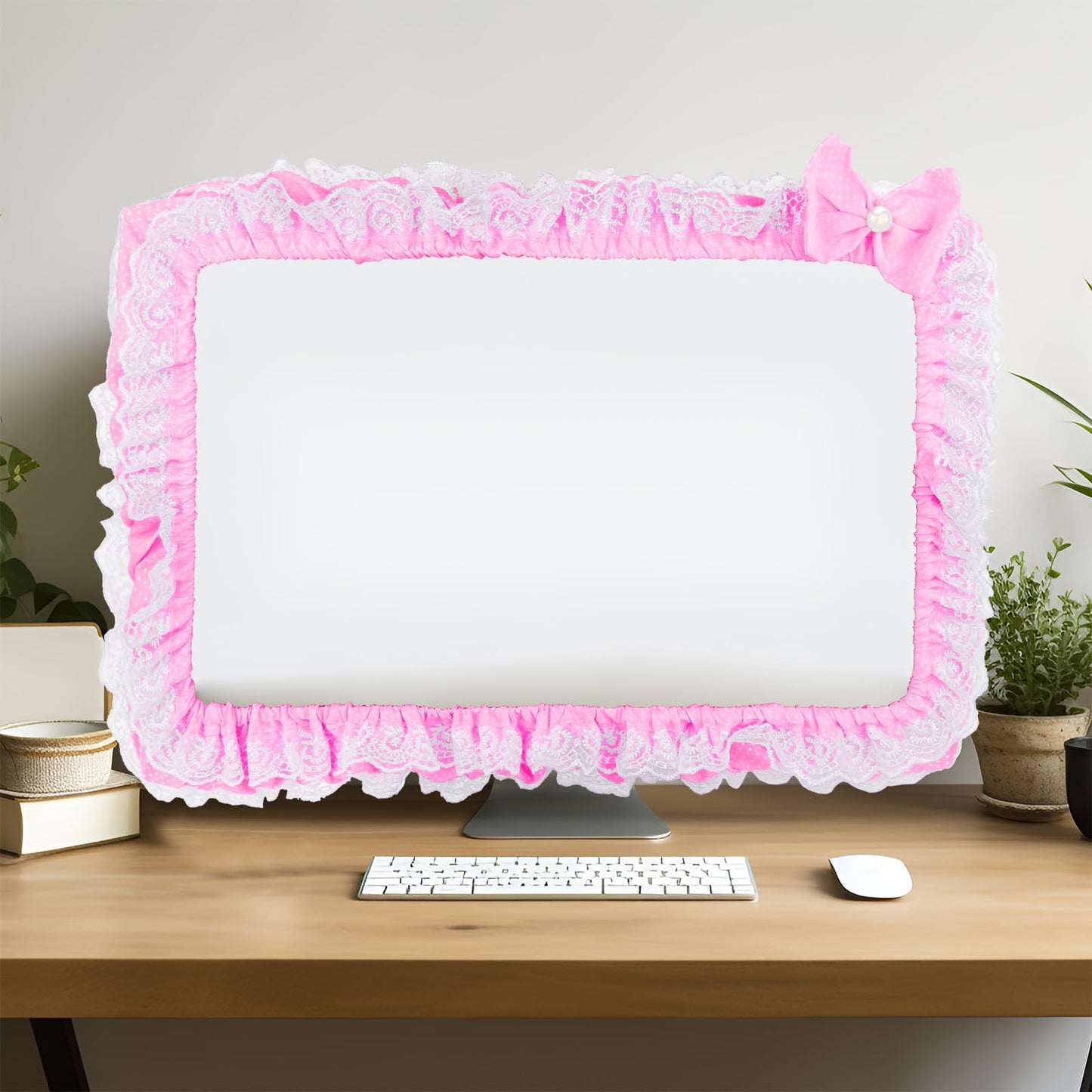 Kingshion 23"-27" Lovely Cute Computer Monitor Cover with Lovely Cute Elastic Pen Pocket Bow-knot TV LCD Screen Monitor Decoration Dust Cover