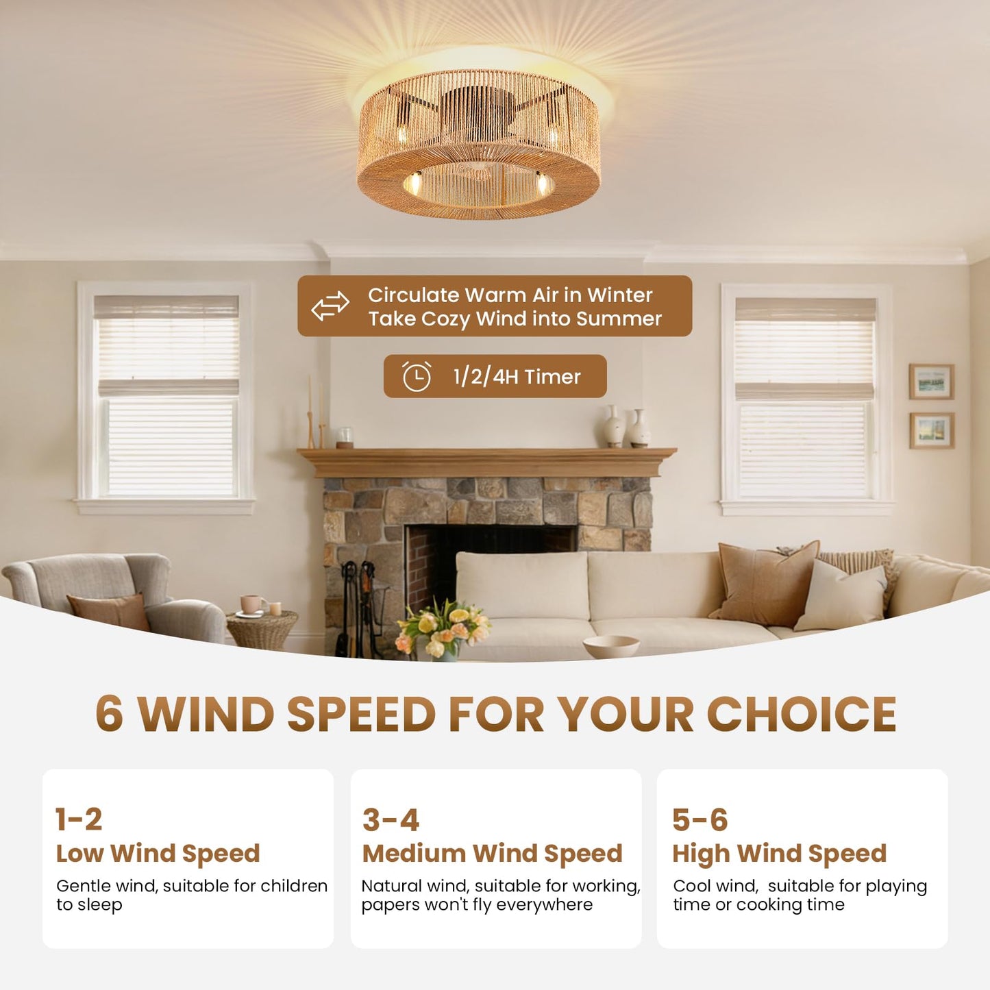 APBEAMLighting 24 Inch Boho Ceiling Fan with Light & Remote, Rattan Caged