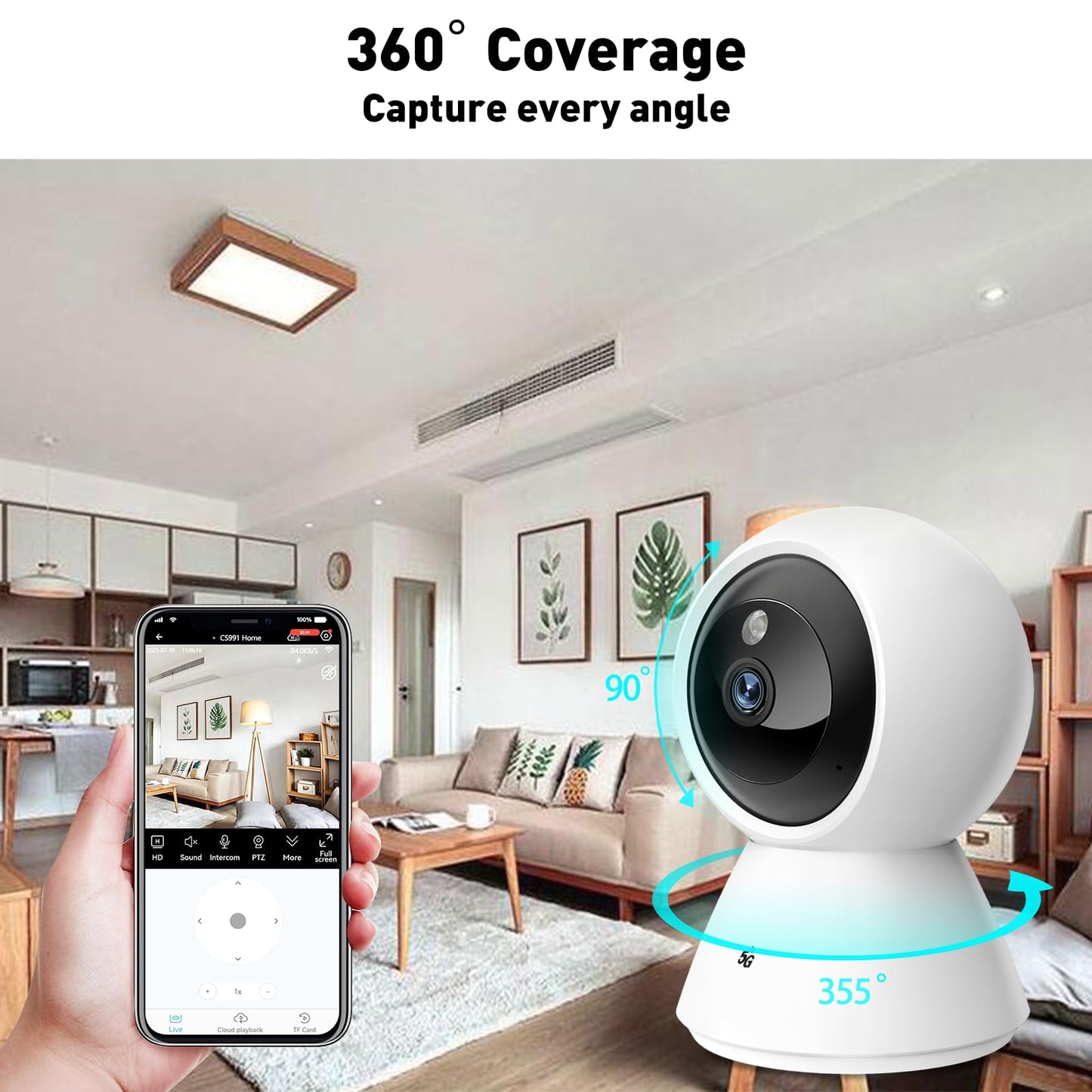 BJR Indoor Security Camera 2K HD, 360° Pan/Tilt Pet Camera with Dual-Band WiFi (5G & 2.4G), Motion Tracking, Color Night Vision, 2-Way Talk, Free 64GB