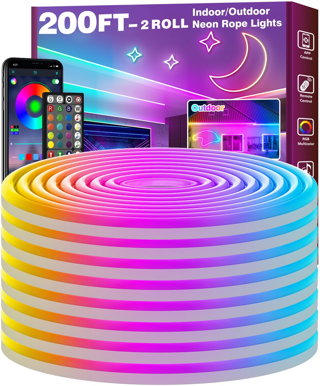 FBZ 200Ft Led Rope Lights, Flexible Neon Lights Control with App/Remote, Multiple Modes, IP65 Outdoor RGB Waterproof, Music Sync Gaming Light Strip
