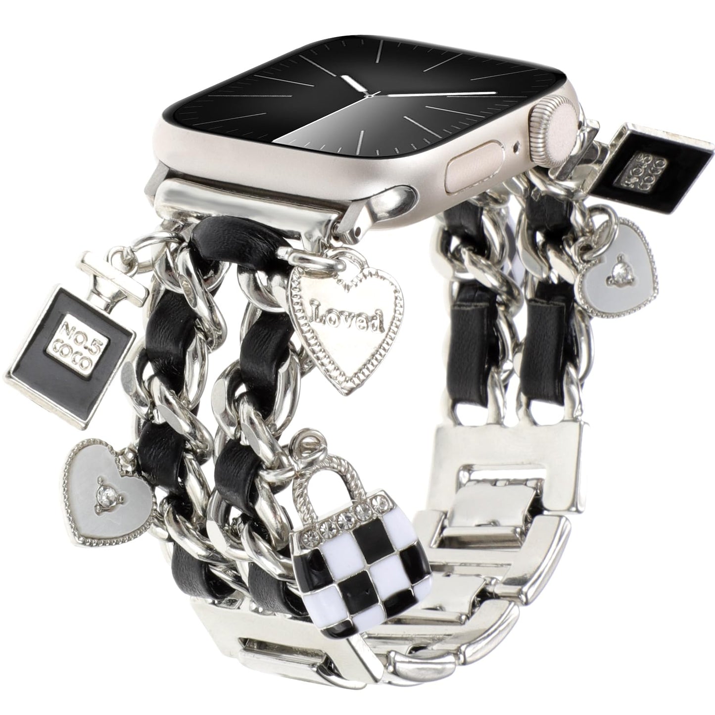 REALSIGN Stylish Metal Bands Compatible with Apple Watch Band 41/40/38mm Women,Cuban Chain Band with Cute Pendants Love Cross Charms Strap for iWatch