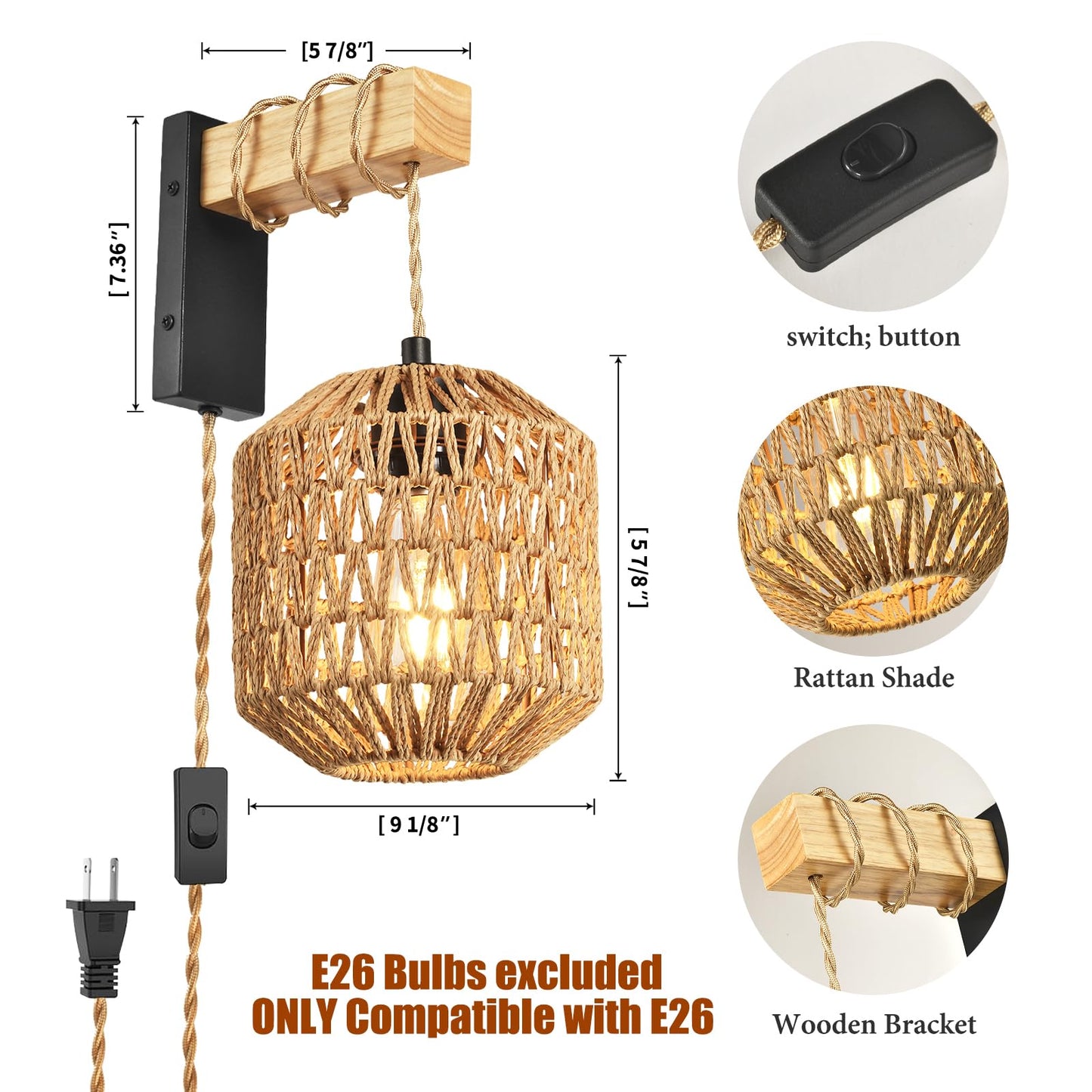 NOVCAND Boho Hanging Wall Light Plug in,Vintage Farmhouse Wall Sconces Set of Two with Rattan Shade for Bedroom Living Room-Black