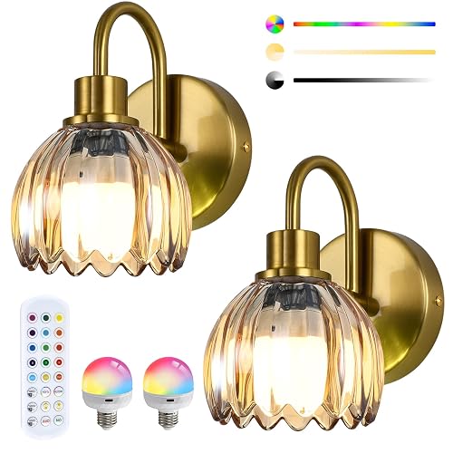 NOVCAND Brass Rechargeable Wall Sconces Set of 2, Cordless Battery Operated Wall Lights with Remote, Wireless Wall lamp for Bedroom,Living Room