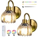 NOVCAND Brass Rechargeable Wall Sconces Set of 2, Cordless Battery Operated Wall Lights with Remote, Wireless Wall lamp for Bedroom,Living Room