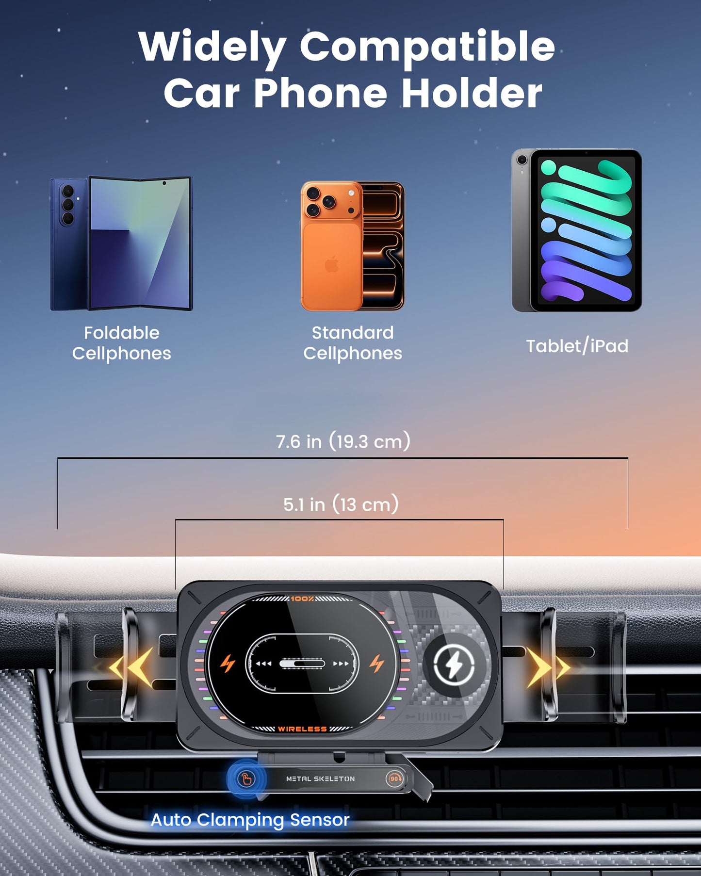 xuenair 15W Fast Charging Wireless Car Charger Mount, Z Fold 7 Car Mount with LED Light Auto Sensor, Car Phone Holder Wireless Charger for Samsung