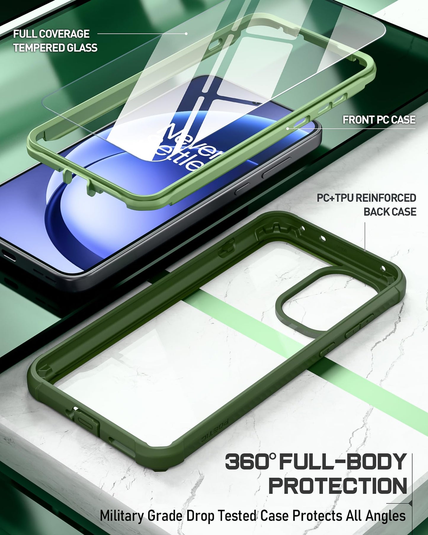 Poetic Guardian Case for OnePlus 15R 5G, 20FT Mil-Grade Drop Tested | Tempered Glass Screen Protector, Full Body Shockproof Rugged Clear Cover Case