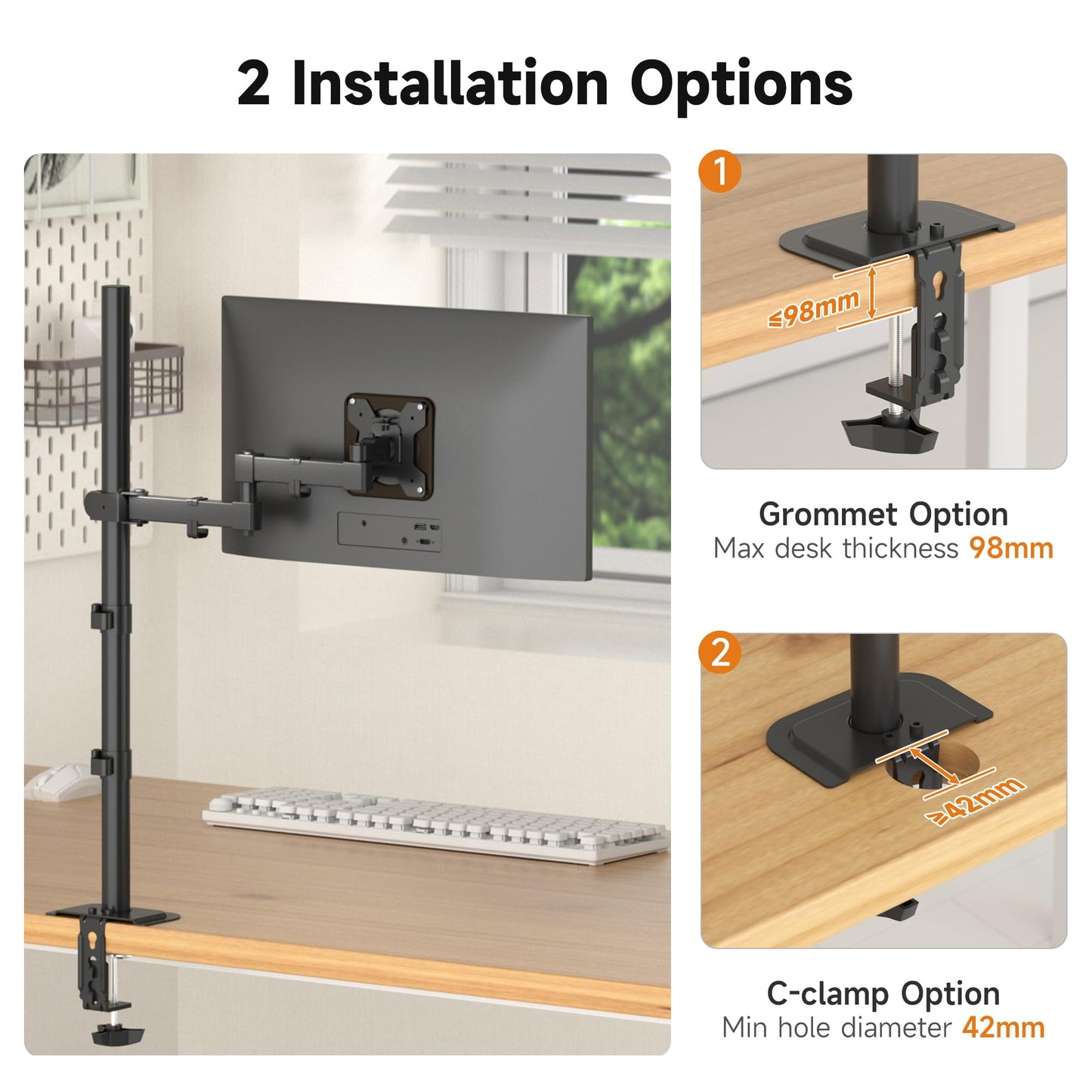 Bracwiser Single Fully Adjustable Standing Height Monitor Arm Stand Mount 800mm Tall for Monitor Computer Screen 13 15 17 19 20 22 23 24 26 27 30 32