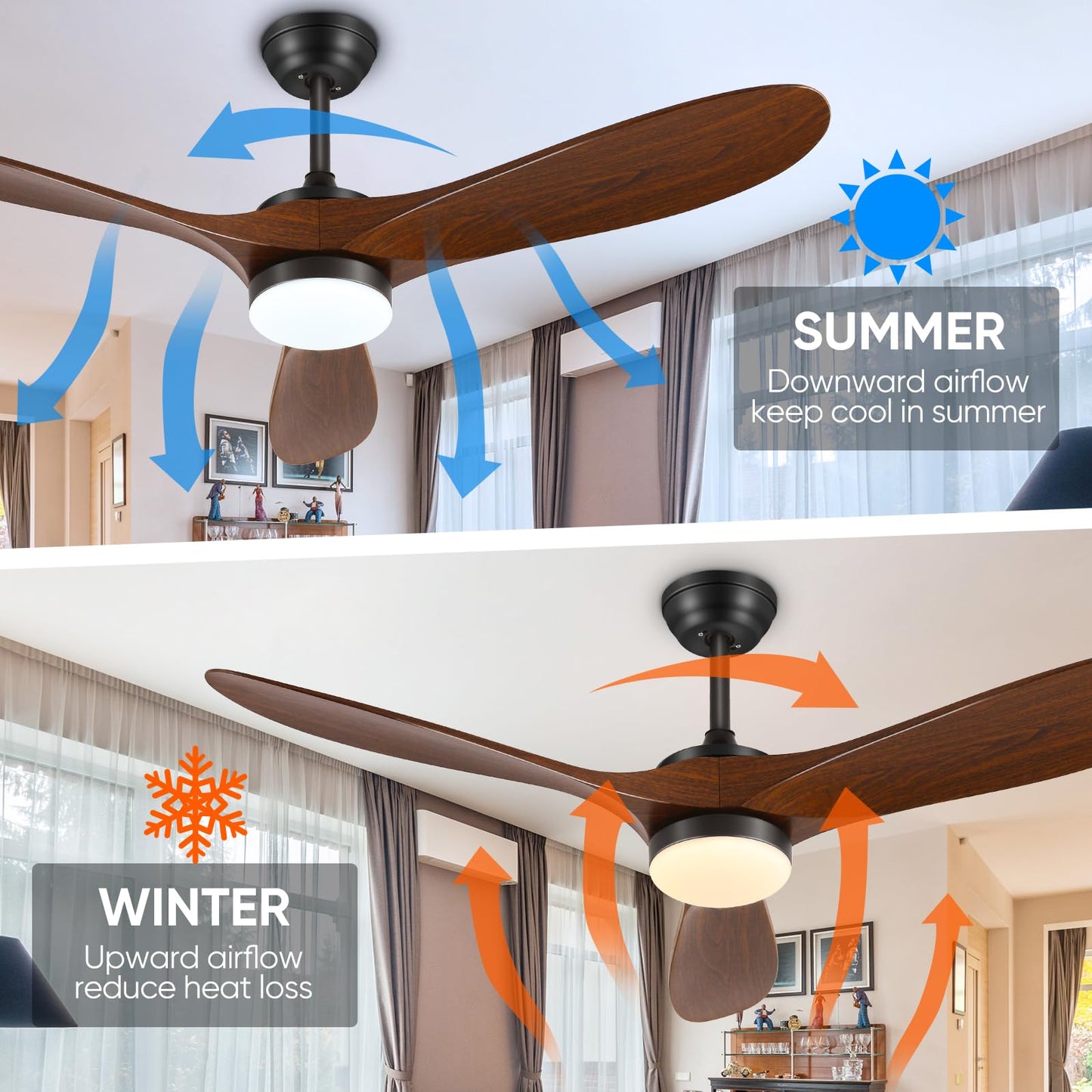 Baotree 52" Smart Low Profile Ceiling Fans with Lights and Remote, Flush Mount Ceiling Fan Control with WIFI/APP/Alexa/Google, Outdoor Indoor Walnut