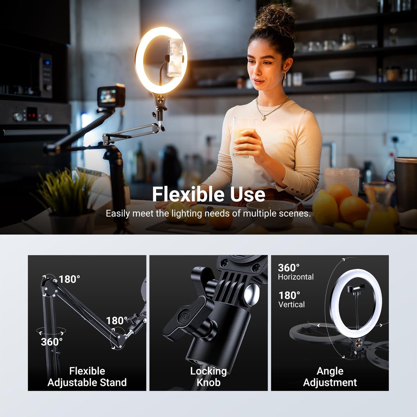 NEEWER Entry Level Version 10" 10W Ring Light with 46"-63" Stand, Overhead Phone Holder Mount Compatible with iPhone, Bi Color LED Selfie Lighting