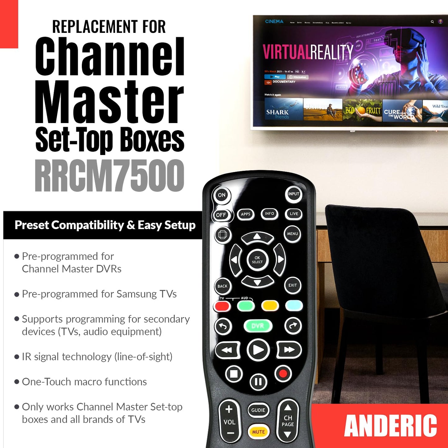 ANDERIC RRCM7500 for Channel Master DVR Remote Control CM7500XRC2 Replacement Remote for Channel Master - Works 100% - Works CM7500XRC2, CM7500GB16