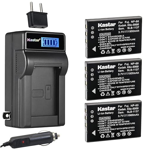 Kastar 3-Pack NP-60 Battery and LCD AC Charger Compatible with Vivitar Video Cameras DVR-840XHD DVR-565HD DVR-390H DVR-530 DVR-545 DVR-550 DVR-550G