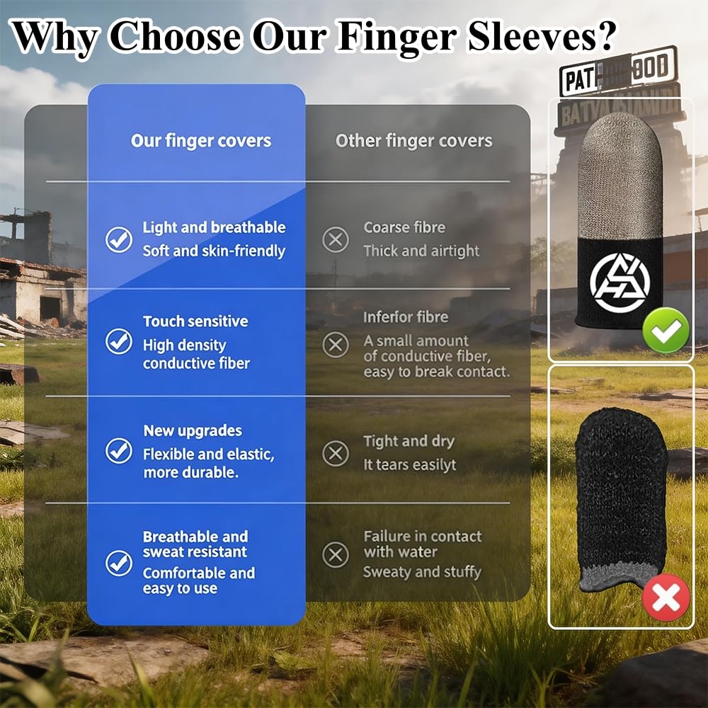 PXIRQ 10-Pack Pro Gaming Finger Sleeves: 0.3mm Silver Fiber, Ultra-Thin, Anti-Sweat & Breathable Thumb Cover Gloves for PUBG/Fortnite/COD - Fits All