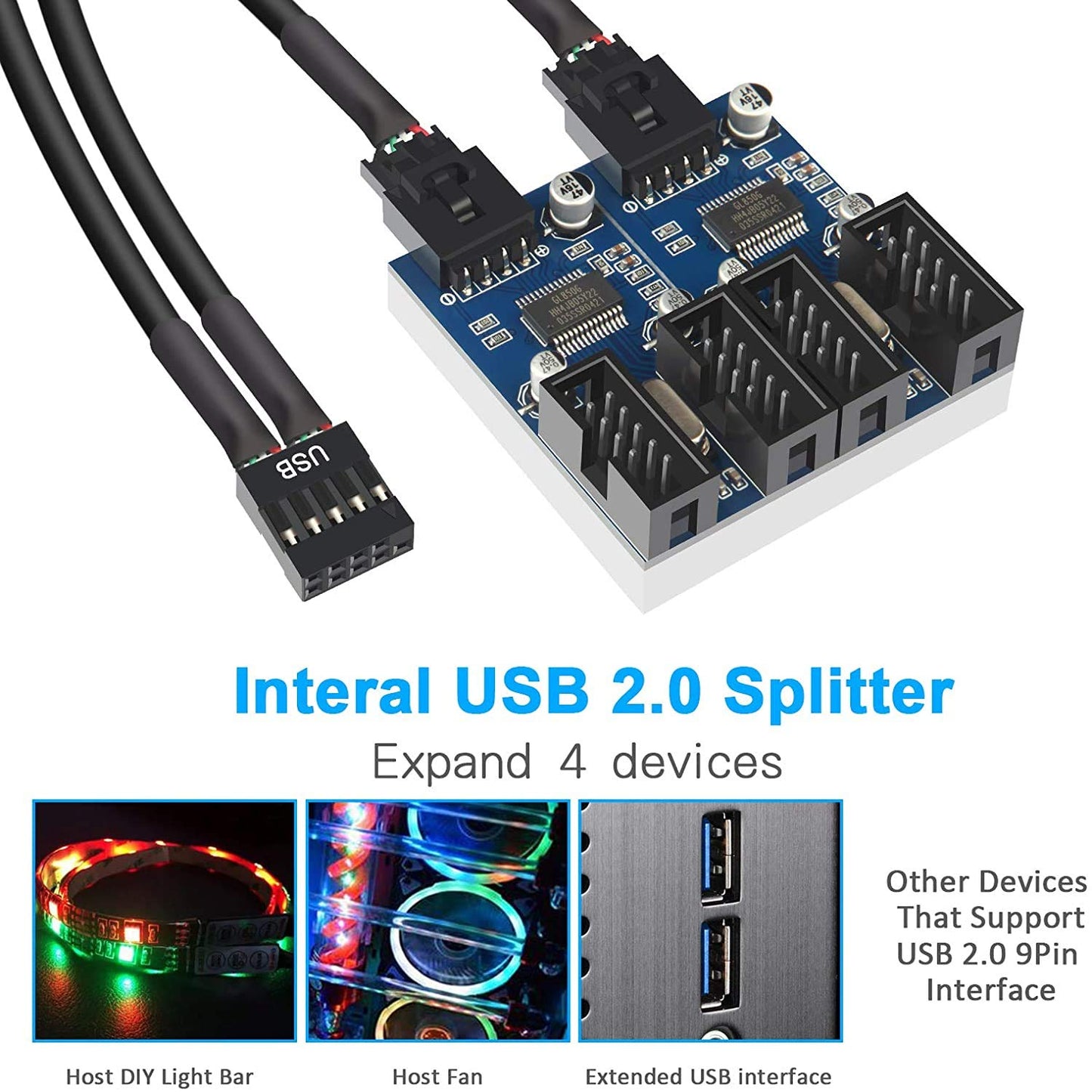 Kowlone Motherboard 9 Pin USB Header Splitter, Male 1 to 4 Female Extension Splitter Cable Desktop Card PCB Board 9-Pin USB 2.0 HUB Connector Adapter