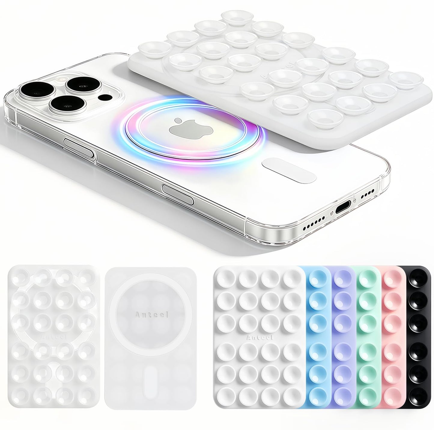 Anteel 2026 Upgraded Magnetic Suction Phone Holder, Clear Silicone Suction Sticky Grip Holder for iPhone 12 13 14 15 16 17 Series, Suction Mirror