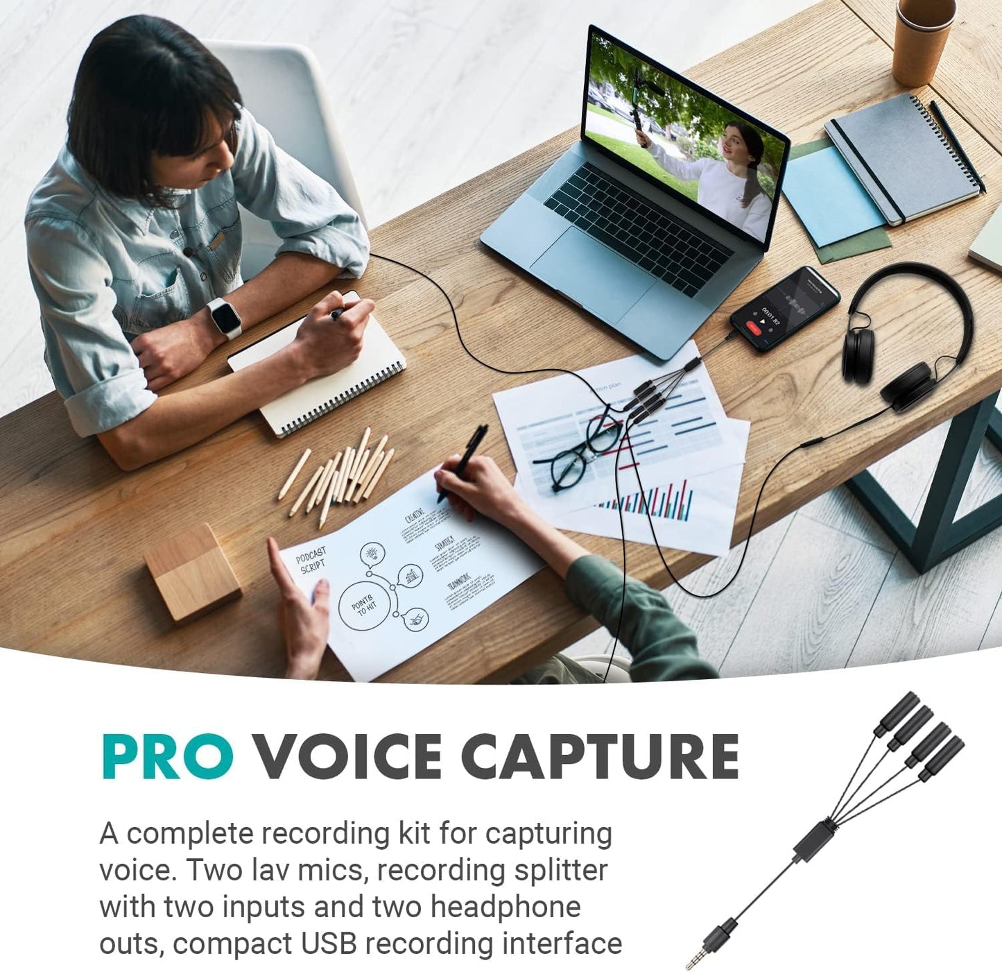 Movo VersaLav-V2 Lavalier Microphone Set for Smartphones, Computer, DSLR or Mirrorless Camera with Two Lapel Microphones, Splitter, Extension Cord