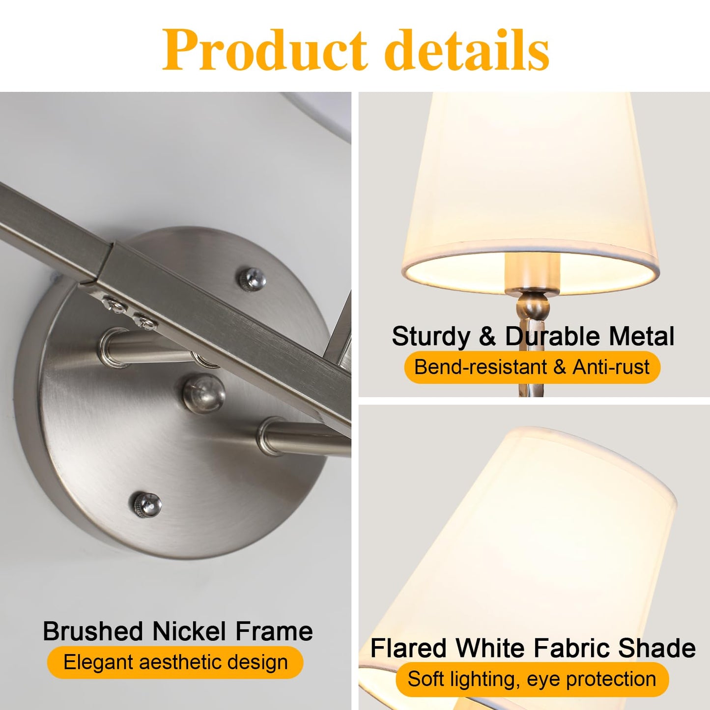 Bathroom Light Fixtures, 3-Light Wall Sconce, Brushed Nickel Vanity Lights Over Mirror with Flared White Fabric Shade, Modern Sconces Wall Lighting