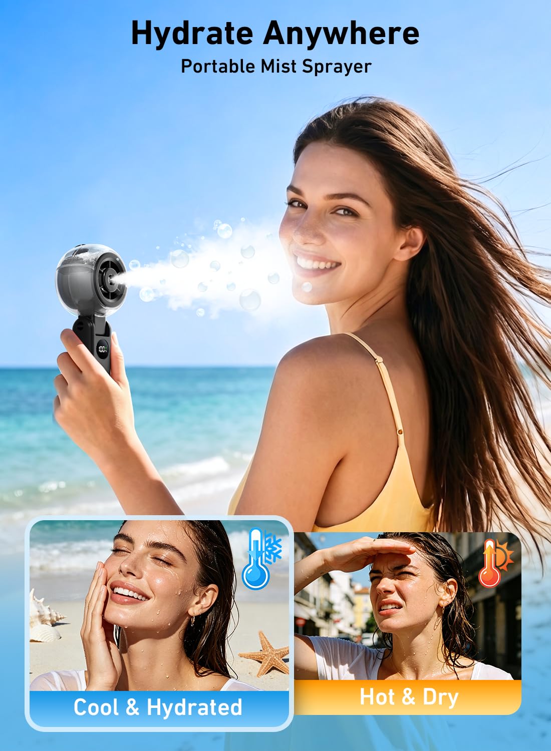 Handheld Misting Fan, 3-in-1 Foldable Cooling Portable Fan, 1-100 Stepless Speed, Desk & Neck Personal Fan for Outdoor (Black)