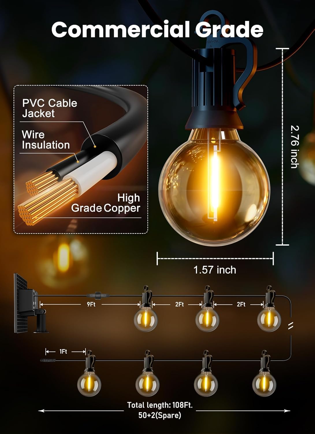 Brightown 108FT 52LED Solar String Lights Outdoor with Remote & USB Port, Shatterproof Bulbs, Dimmable & Timable, 3 Modes, Patio Lights Solar Powered