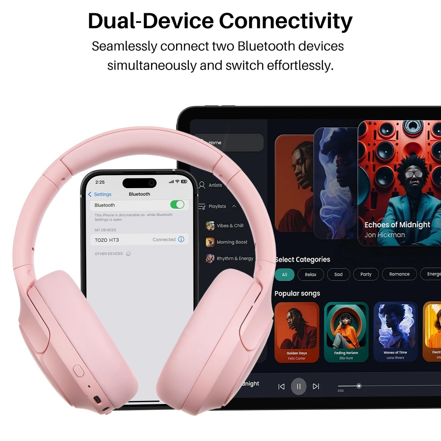TOZO HT3 Hybrid Noise Cancelling Headphones, 90H Playtime Wireless Over Ear Bluetooth Headset, Spatial Audio AI Chat with 5 Mics, Supports Dual…