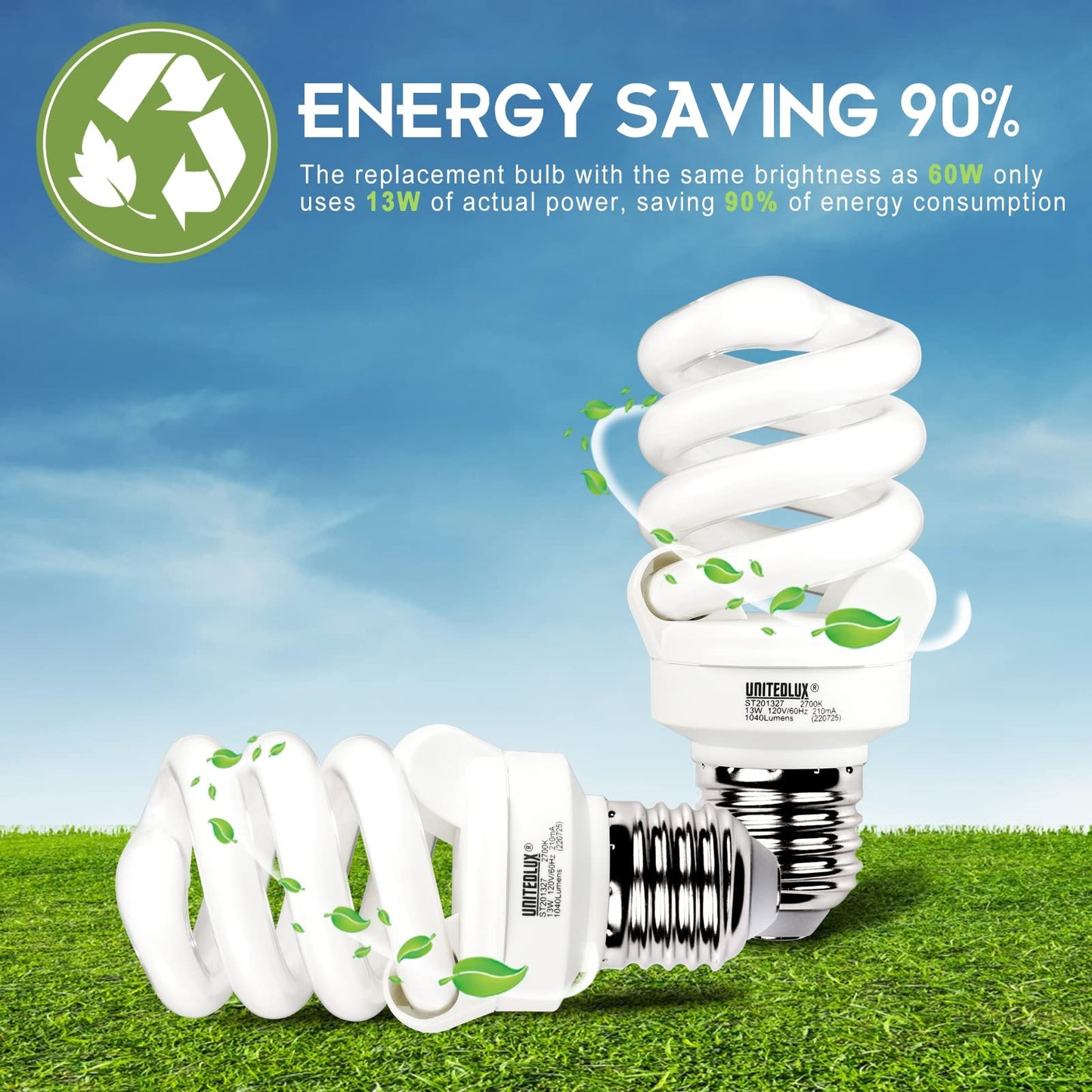 UNITEDLUX E26 Spiral CFL Light Bulbs Medium Base 13Watt (60Watt Equivalent) Soft White 2700K, 1040Lm Non-dimmable Compact Fluorescent Light, (3 Pack)