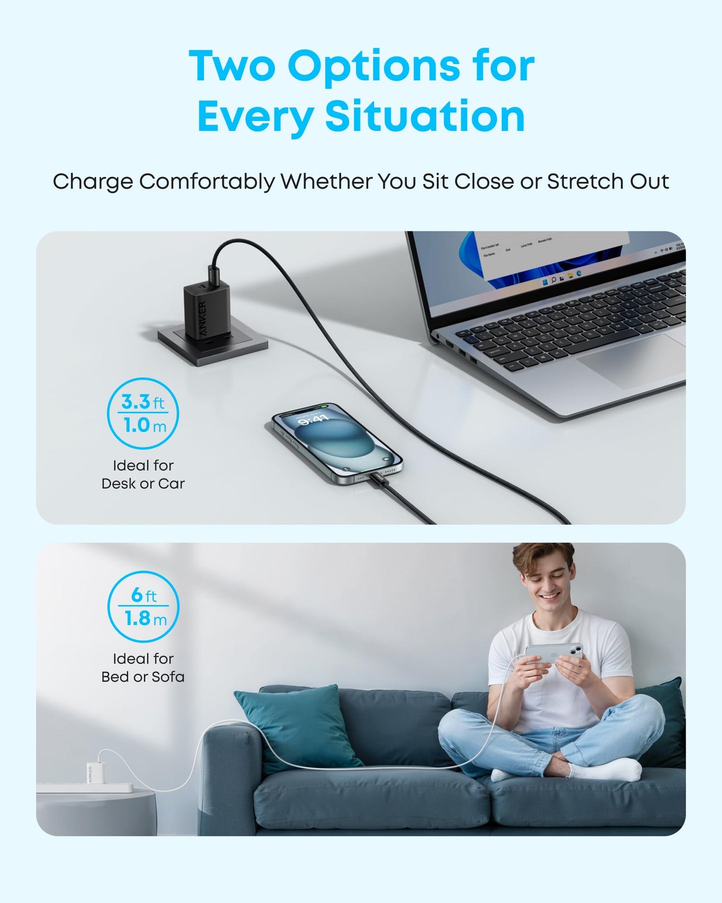 Anker Zolo USB to USB C Cable, Seamless CarPlay Connection Durable and Braided Type C Cable, Premium Look with Slim Connector, for iPhone 17/16
