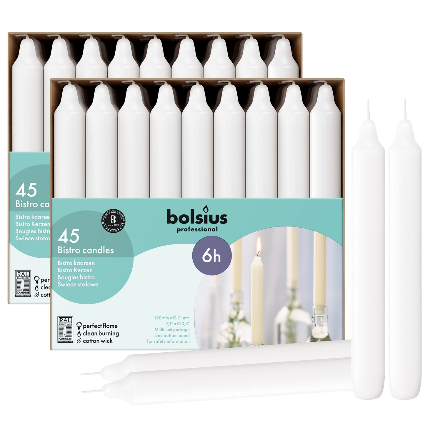 BOLSIUS White Candlesticks - 2 Packs = Total 90 Candles - 6+ Hours - Premium European Quality - Consistent Smokeless Flame - Unscented Dripless Dinner
