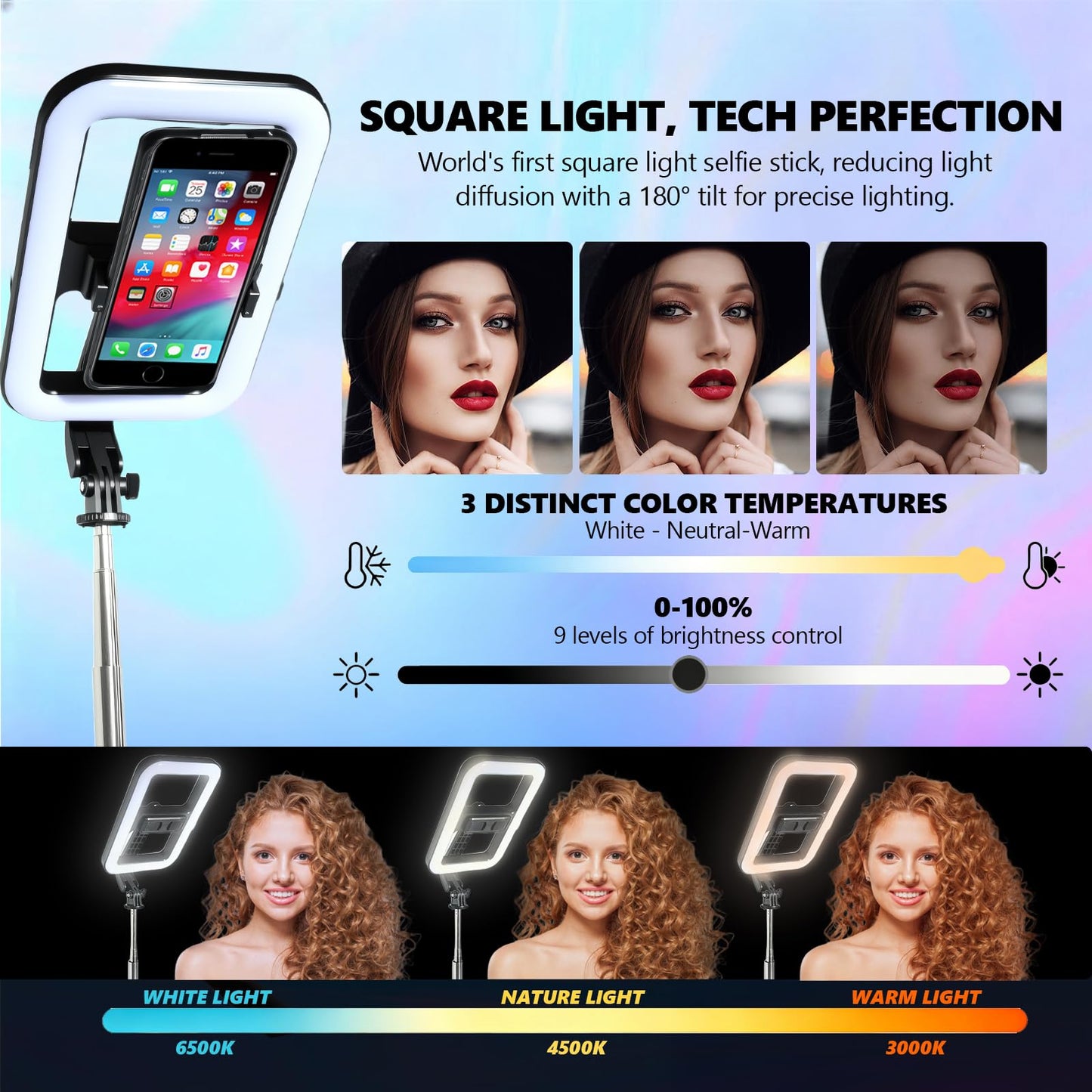Foldable Selfie Light with Stand,54" Extendable Phone Holder Selfie Stick with Dimmable LED Lights and Remote,Ring Light Tripod for Video
