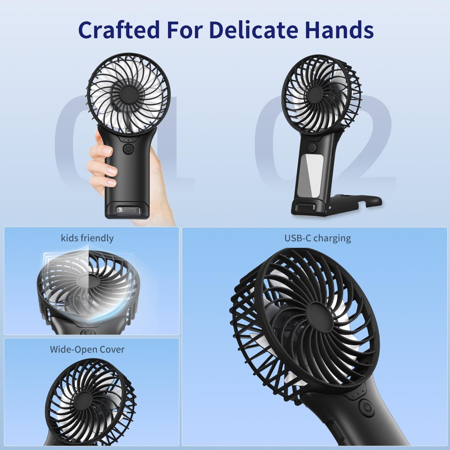 ZipVorb Portable Mini Fan with Mirror, USB Rechargeable, Pocket 4-Speed Cooling, Up to 15 Hours, Compact Handheld Fan