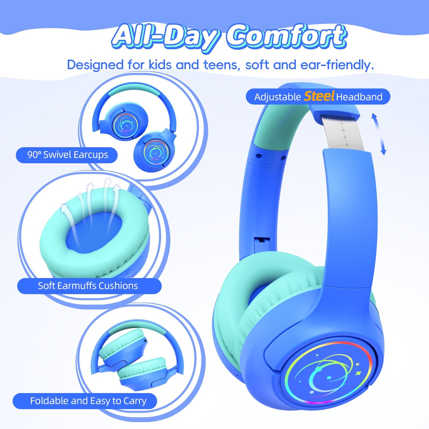 Kids Bluetooth Headphones with 85H Playtime for Toddler Boy, Blue with LED