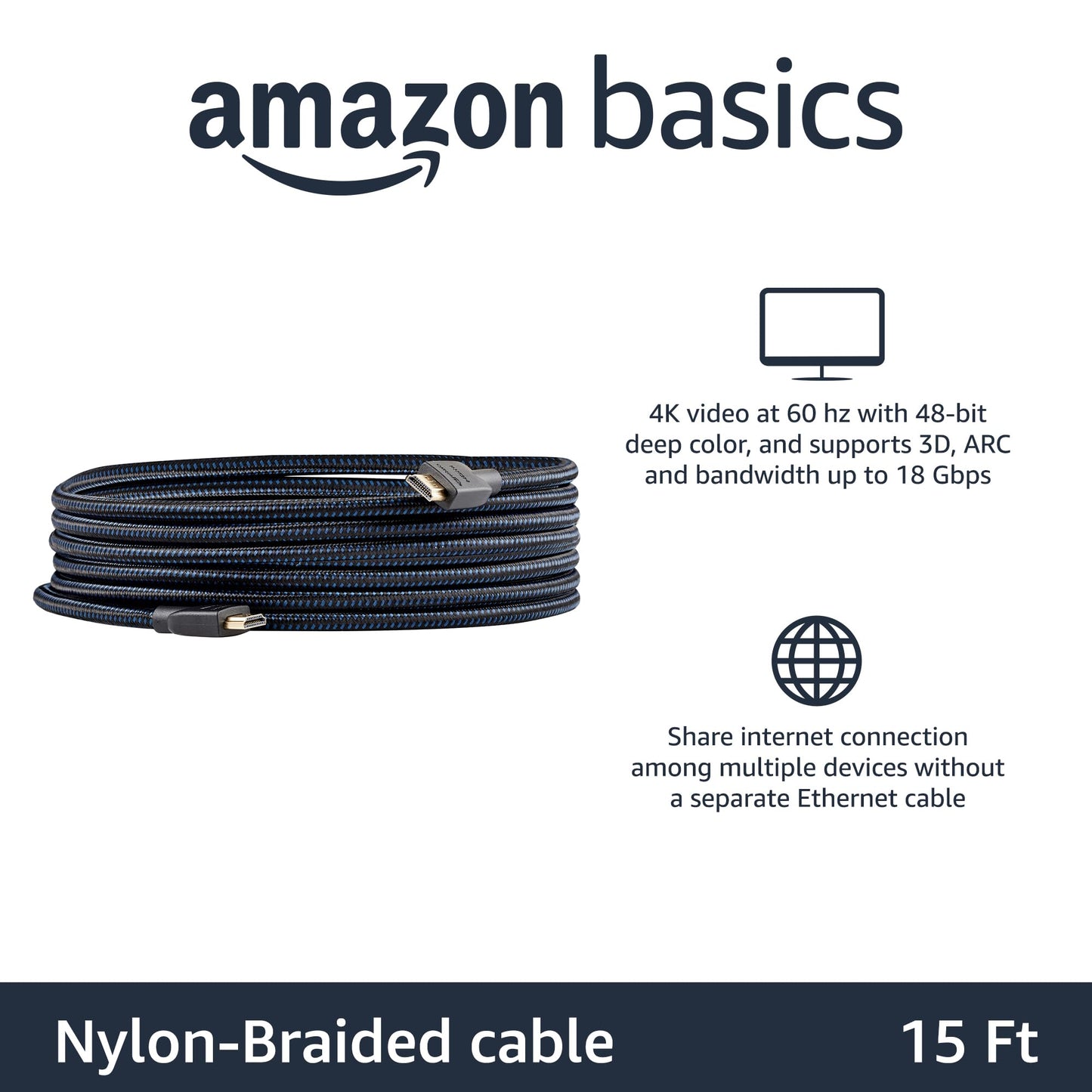 Amazon Basics HDMI Cable 15ft, 4K HDMI 2.0 Cord (18Gbps), Nylon-Braided, 4K@60Hz, 2160p, 48 bit, Compatible with TV/PS5/Xbox/Roku, Black & Blue