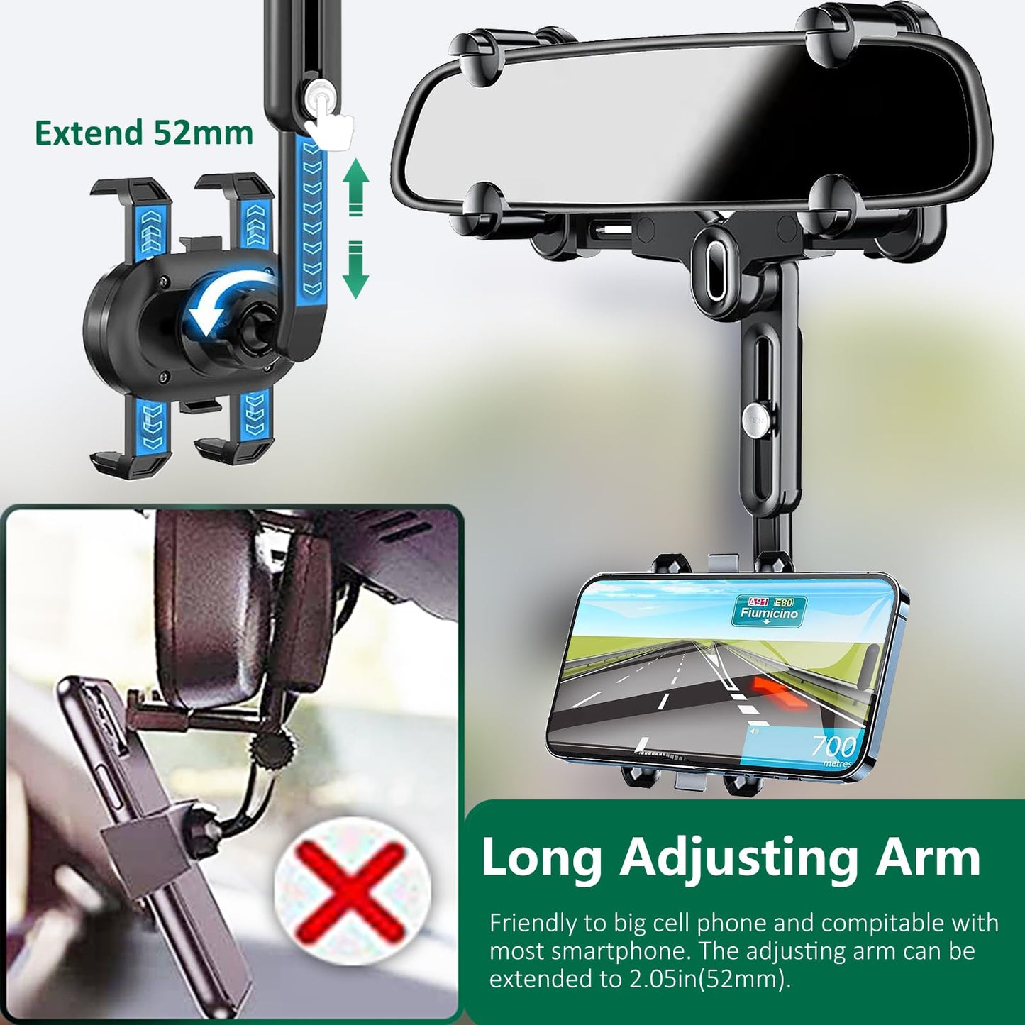 LvShuLiangPin Rearview Mirror Phone Holder for Car, 360° Rotating Rear View Mount with Adjustable Arm Length, Upgraded Four Corners Fixed Anti-Shake