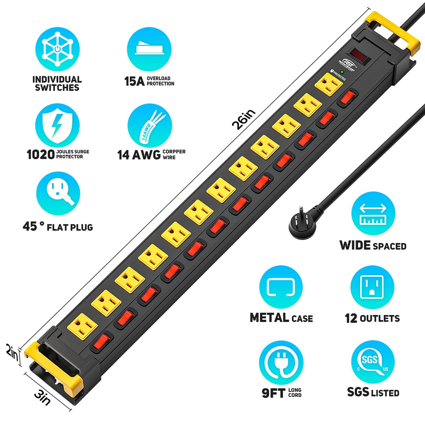 CRST 12 Outlet Heavy Duty Metal Power Strip with Individual Switches, 9FT Surge Protector Power Strip with Cord Managment, 15A/1875W 1020J Wide Spaced