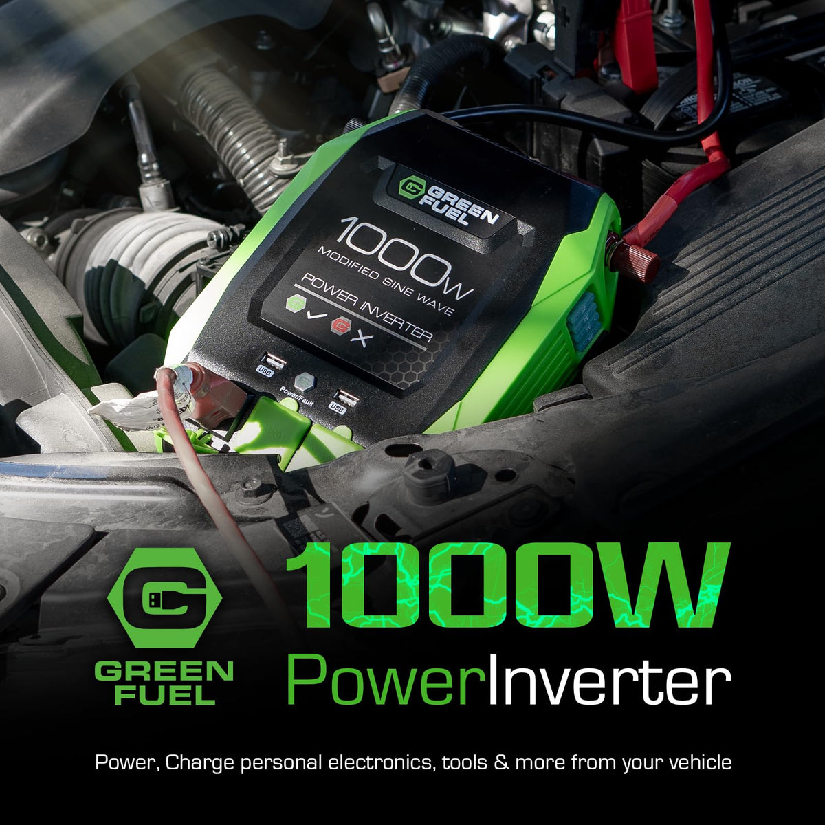 Green Fuel 1000W Power Inverter 2000W Peak, DC 12V to 3X 120V AC