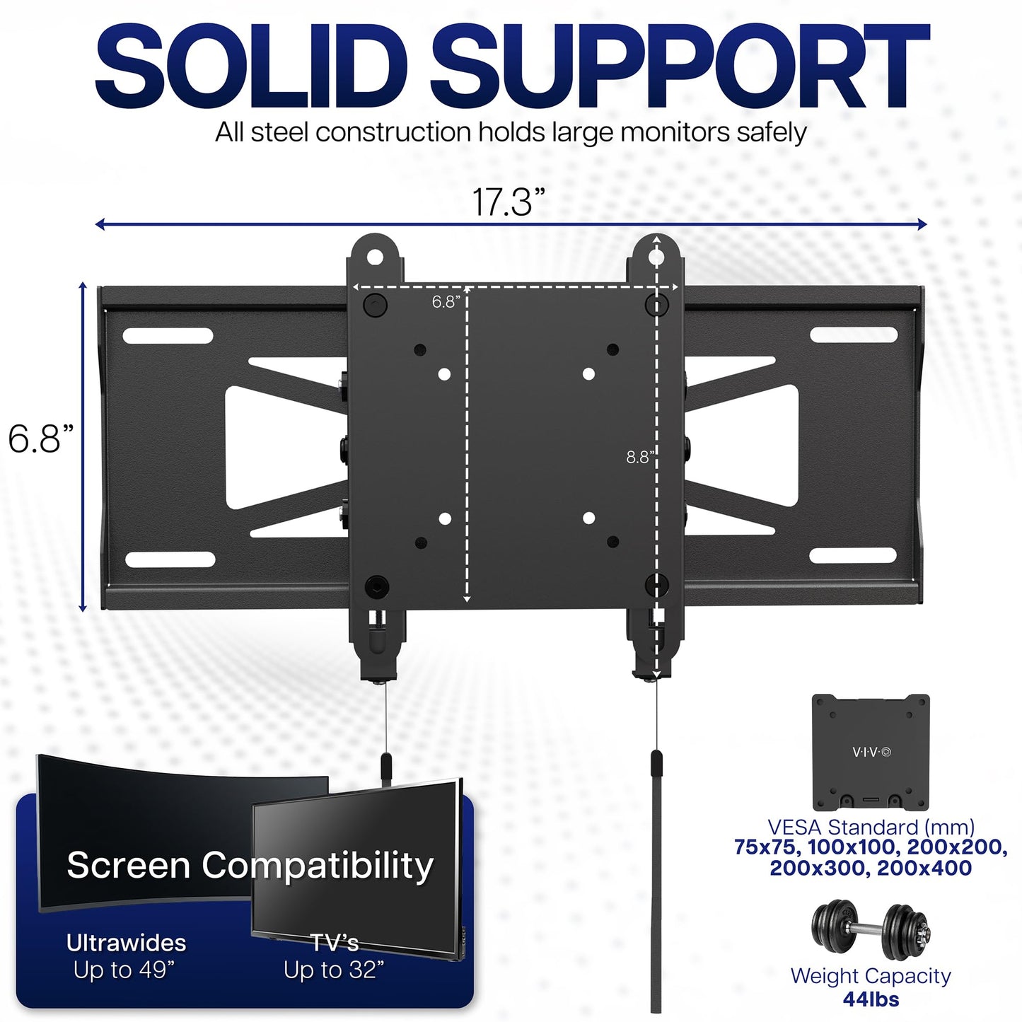 VIVO Low Profile Ultrawide Monitor Wall Mount for up to 49 inch Screens and up to 32” TVs, Holds 44 lbs, Tilt and Sliding Adjustment, Max VESA