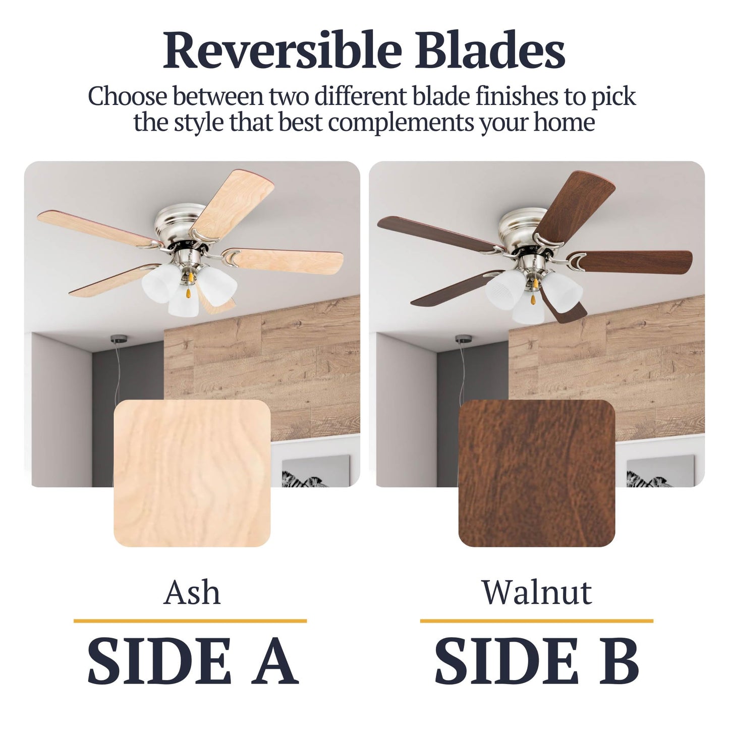 Prominence Home Whitley, 42 Inch Traditional Flush Mount Indoor LED Ceiling Fan with Light, Pull Chain, 5 Dual Finish Blades, Reversible Motor