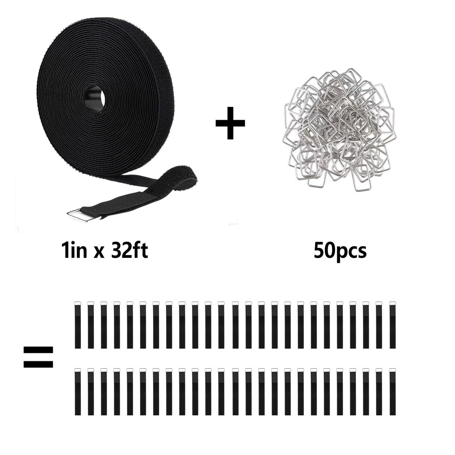1 in x 32 ft Adjustable Fastening Cable Straps, Hook and Loop Straps with 50 Metal Buckles, Reusable Nylon Securing Cord Ties for Organizer or
