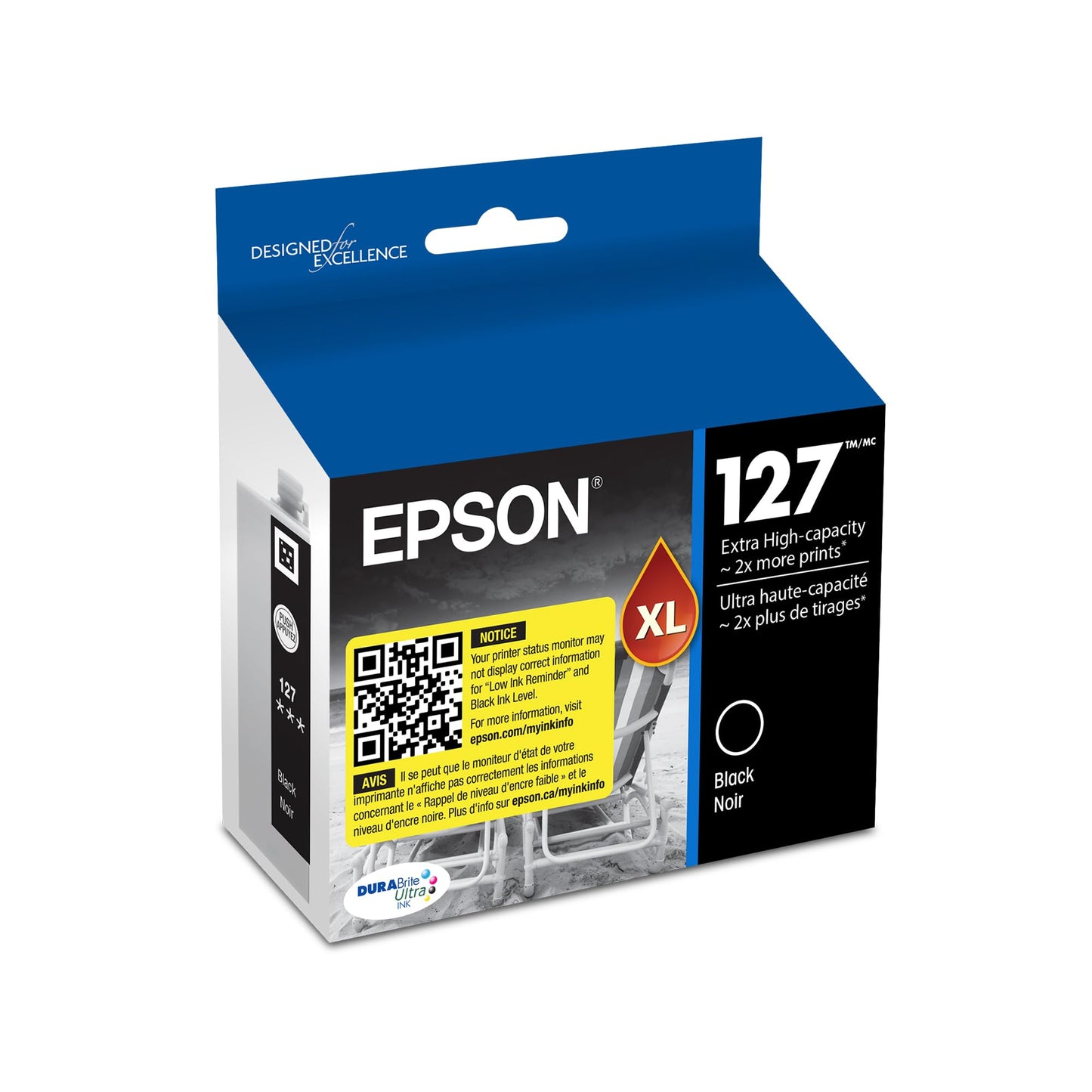 EPSON 127 DURABrite Ultra Ink Black Cartridge For NX-530, 625, WF-3520, 3530, 3540, 545, 60, 630, 633, 635, 645, 7010, 7510, 7520, 840, 845, Water
