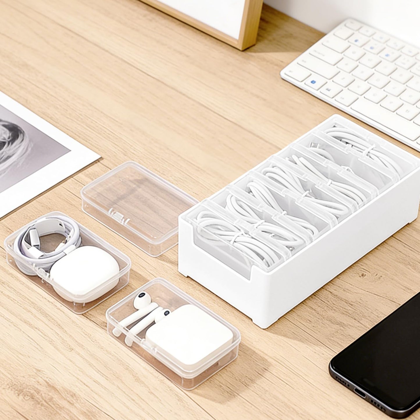 Geyynow 3 PCS Cable Organizer Box with 7 Clear Switch Case, Charger Cord Organizer Box for Home Office Desk Storage Accessories