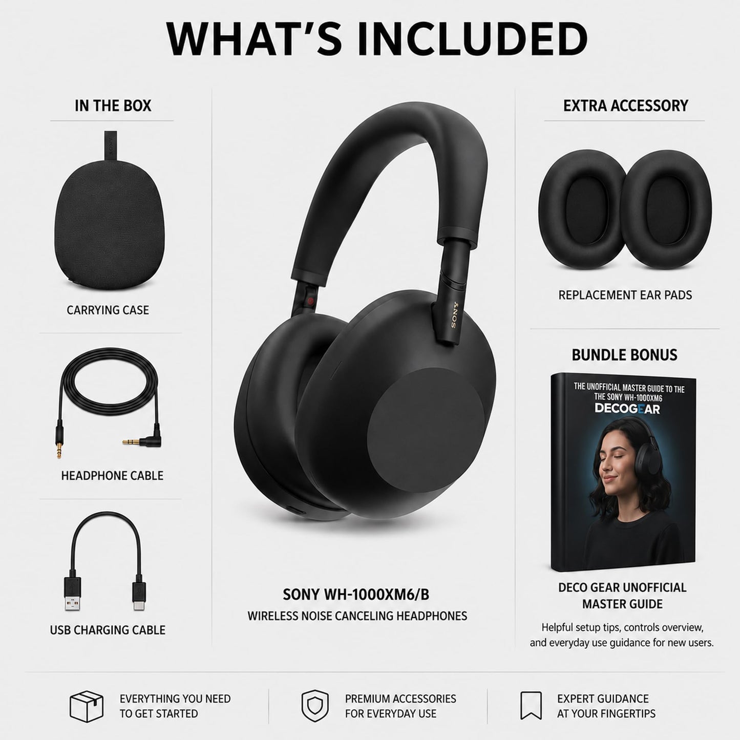 Sony WH1000XM6/B Best Wireless Noise Canceling Headphones, Black Bundle with Deco Essentials Headphones Ear Pads Replacement Headset Ear Cushions