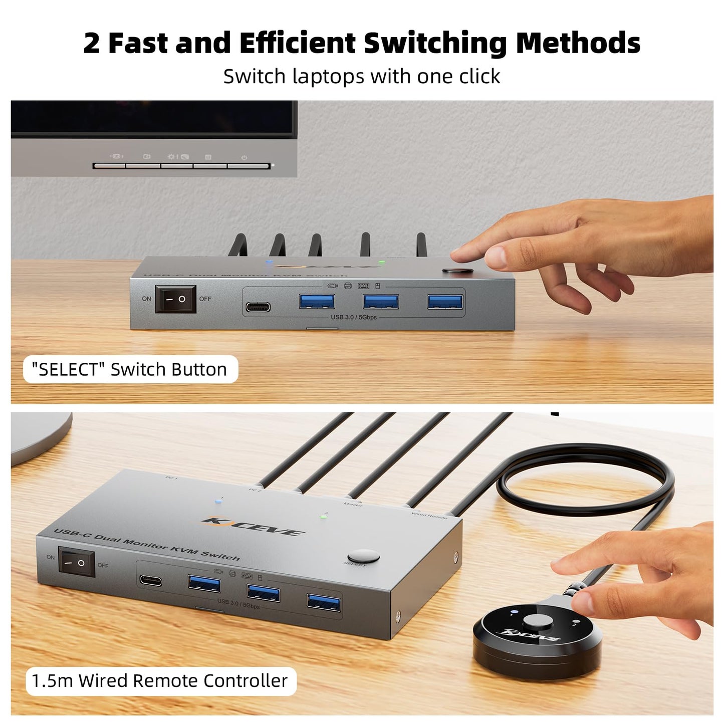 KCEVE KVM Switch 2 Monitors 2 Computers USB C, KVM Switch USB-C for 2 Laptops Sharing 2 Monitors and 4 USB3.0 Devices, 4K@60Hz, 100W PD, MST, Wired