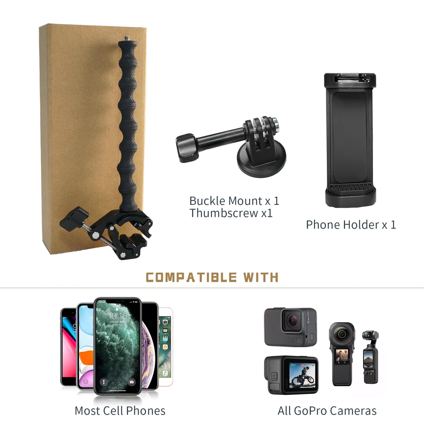 FIFIELD Gooseneck Phone Clamp Mount with Super Clamp - 360° Adjustable Phone Stand Compatible with iPhone 16-6, 360 Action Camera & 0.7-2" Devices