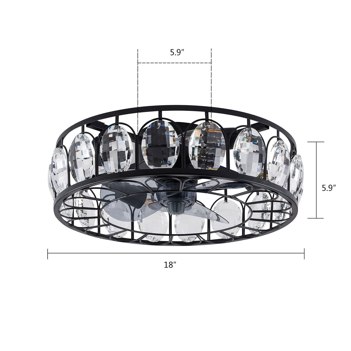 kangten 18 Inch Crystal Ceiling Fan with Lights Black Iron Modern Caged 4 E27 Adjustable 3 Wind Speed W/Remote Control Low Profile Chandelier Ceiling
