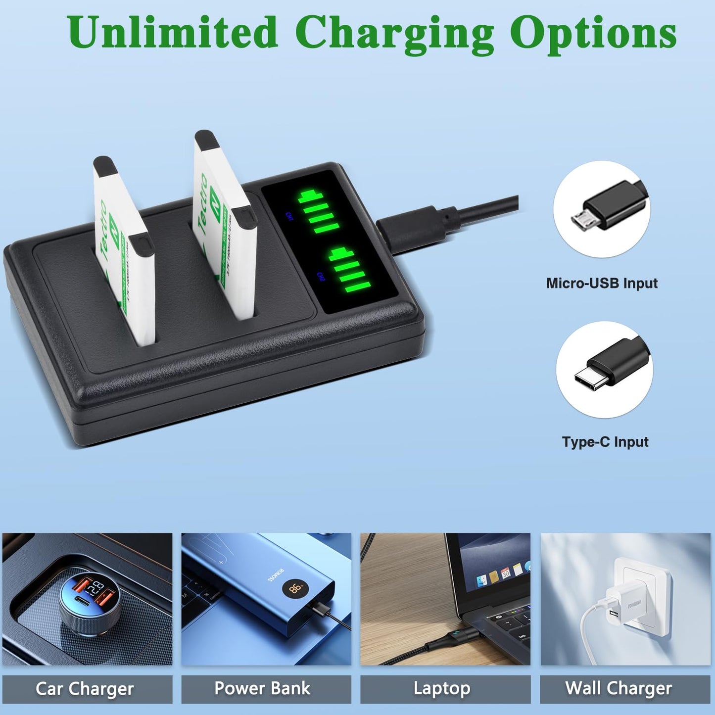 Tectra 2-Pack NP-BN1 Battery and LED Dual Charger for Sony Cyber-Shot DSC-W570 DSC-W530 DSC-W800 DSC-W830 DSC-W650 DSC-WX220 DSC-QX10 DSC-QX30