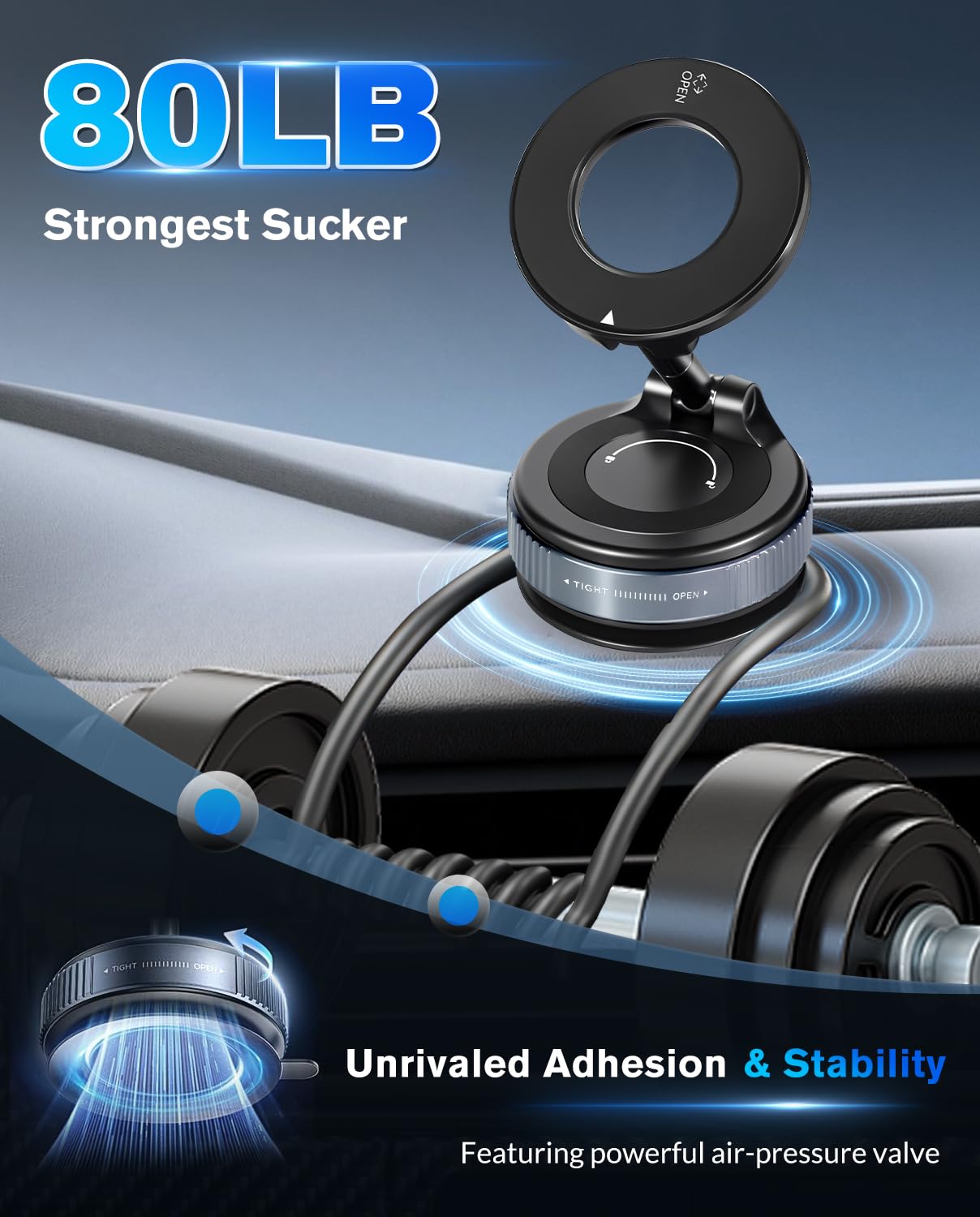 SOAMOEU Vacuum Suction Magnetic Phone Holder, 2025 Upgraded Magnetic Car Phone Mount for Magsafe, 360°Adjustable Foldable Portable Suction Cup Phone